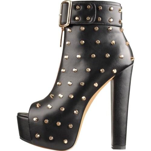 Richealnana Womens Peep Toe Platform Metal Studs Chunky Heel Ankle Strap Color Matching Canvas Ankle Booties Big Size