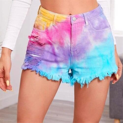 Cotton Tie Dye Print Hole Denim Shorts Women Mid Waist With Tassel Streetwear Elastic Bottoms Sexy Hollow Out Skinny Jean Shorts