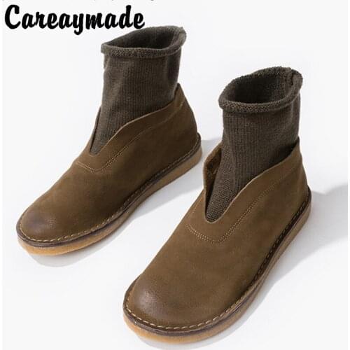 Careaymade-Womens Genuine leather short boots early autumn Plush sleeve boots flat bottomed literary and artistic Casual boots