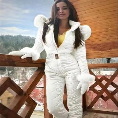 Womens 2021 Winter New Hooded Fur Collar Warm-Keeping Cotton Clothing Pants Jumpsuit Female Ski Suit