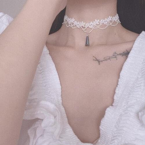 Summer New Handmade Gothic handmade Clavicle Chain necklace fashion white vintage lace Pearl Short choker necklace women jewelry