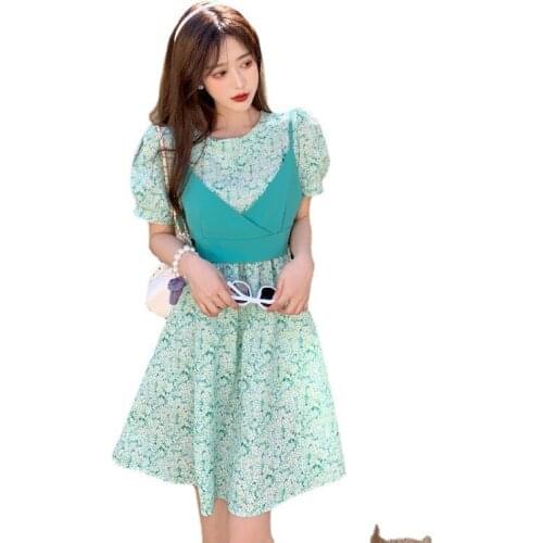 2021 Summer New Women Fashion Short Sleeve Floral Print Green Dress+Short Crop Top 2 Piece Set Casual Stylish Chic Dresses