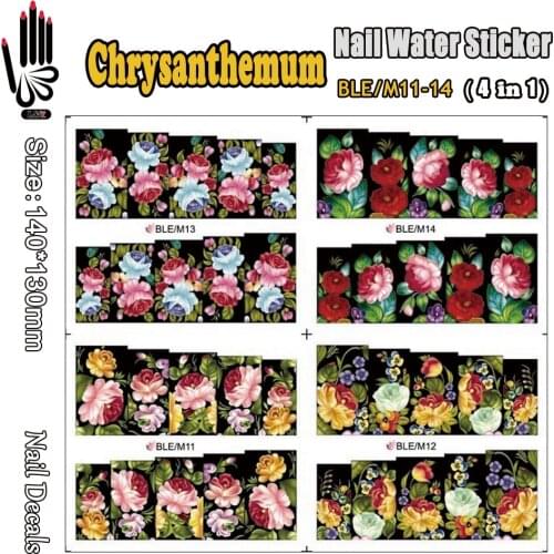 4 Sheets/Lot Sticker For Nail BLE/M11-14 Ful Cover Black Flower Nail Art Wrap Water Sticker for Nail Art Tips(4 DESIGNS IN 1)
