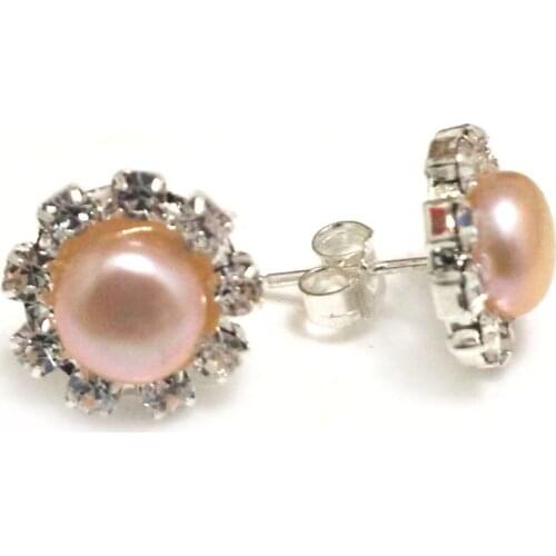 8-9mm Natural Pink Button Pearl Zirconia Stud 925 Sterling Silver Earring
