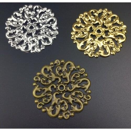 20pcs/lot 52mm Silk flower round Metal Filigree Flowers Slice Charms base Setting Jewelry DIY Components
