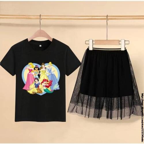 Disney Princess Girl Cute Cartoon Clothing Set T-shirt + Tutu Skirt Baby Children cartoon Tops Tee Tshirts Mesh Skirts Set
