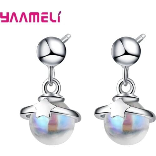Fantastic Moonstone Universe Planet Drop Dangle Earrings 925 Sterling Silver Ear Jewelry for Women Girl Party Gifts