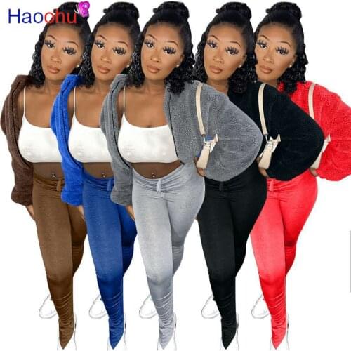 HAOOHU Autumn Street Womens Set Fleece Jacket Flare Stacked Pants Suit Activewear Tracksuit Two Piece Set Outfit