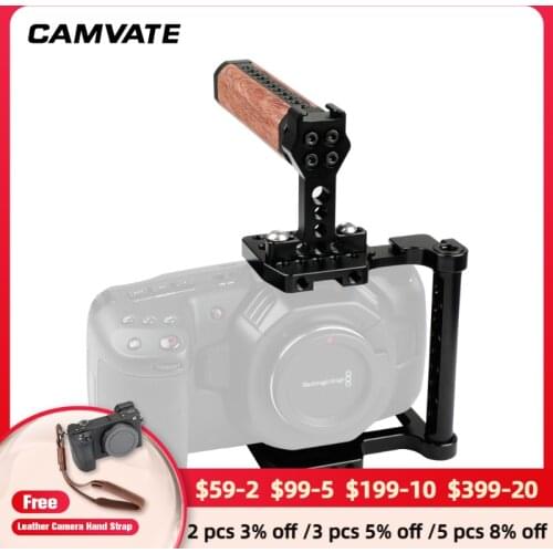 CAMVATE Camera Half Cage Rig With Wooden Top Handle Grip & Cold Shoe Mount & Specialized For Blackmagic Pocket Cinema Camera 4K