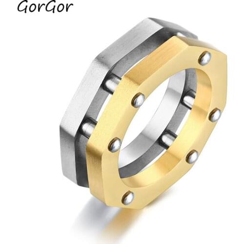 GorGor Rings Men Stainless Steel Gold-color Stitching Double Layer Simplicity Individuality Trendy Mens Accessories R-523
