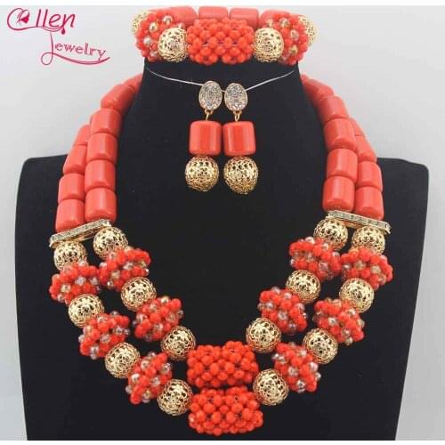 2 Layers African Artificial Coral Beads Necklace Earring Bracelet Jewellery Set Indian Women Costume Ball Beads Jewelry SetN0064