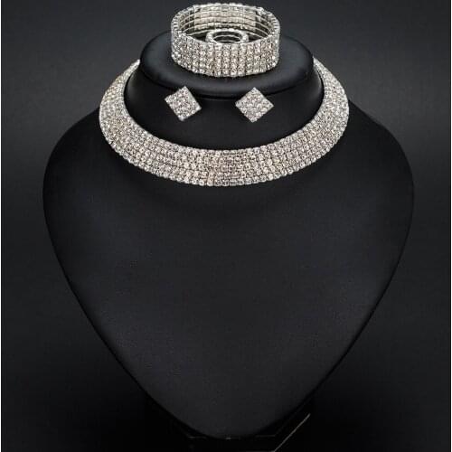 European and American Fashion Necklace Earrings Ring Bracelet Four-piece Set Hollow Rhinestones Neck Ring Pattern Jewelry Gifts