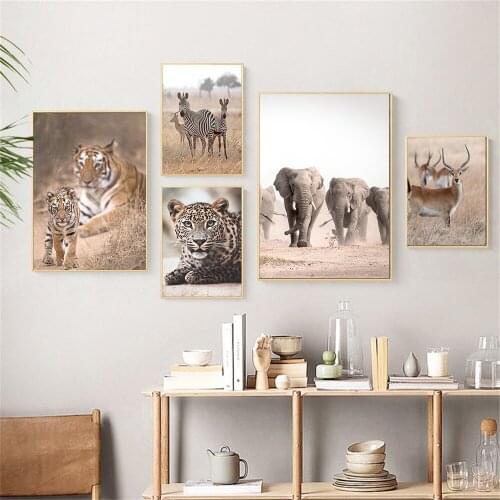 Lion Tiger Leopard Poster Elephant Giraffe Zebra Deer Wild Animal Art Print Landscape Canvas Painting Modern Pictures Home Decor