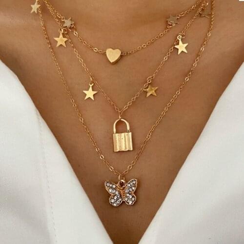 Fashion Golden Diamond Butterfly Pendant Lock Heart Multilayer Necklace for Women Vintage Sweater Necklace Party Jewelry Gift