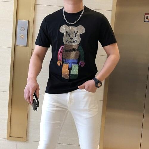 2021 New Summer Hot Style Casual Street Drilling Bear Mens Short-Sleeved High Quality Popular Round Neck Breathable T-Shirt
