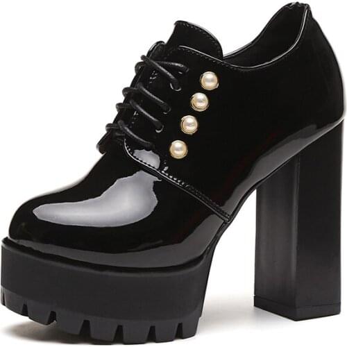 2020 autumn new womens shoes Europe bright leather thick with a single shoes waterproof platform round head 12CM high heels