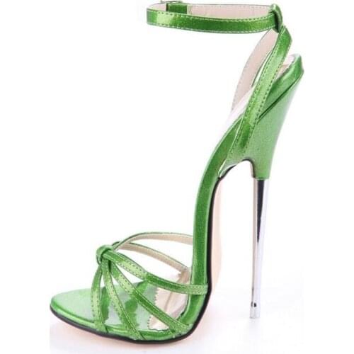 New Sexy 16 CM Ladies Green Strappie Sandals Fashion Metal Heels Ankle Strap Catwalk Night Club Summer Shoes Plus Size 35- 45