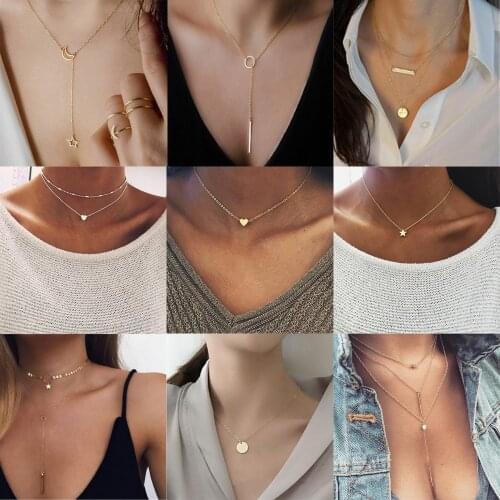 2019 New Tiny Heart Star Necklace for Women Short Chain Coin Bar Pendant Necklace Gift Bohemian Choker Necklace Jewelry