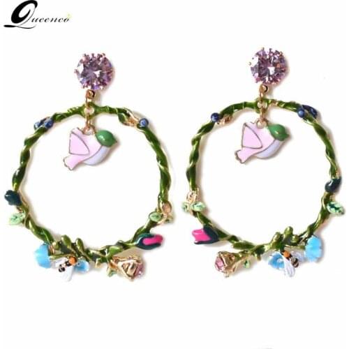 Luxury Circle Glaze Earrings 925 Silver Needle Flower Bird Branch Bee Earrings Statement Earring Fashion Women Accessories