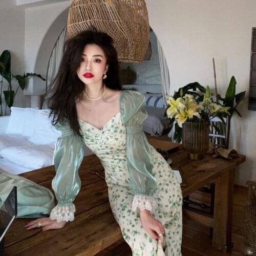 Chiffon Lace Floral Dress Women Green Puff Sleeve Vintage Dress Elegant Evening Party One Piece Dress2021Spring