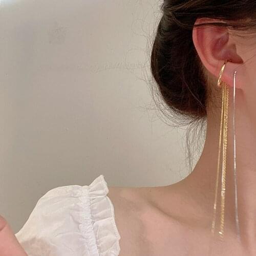 SRCOI Minimalist Metal Clip On Long Tassel Earrings Gold Silver Color Line Chain Ear Cuff Women Girls Punk Gothic Set Jewelry