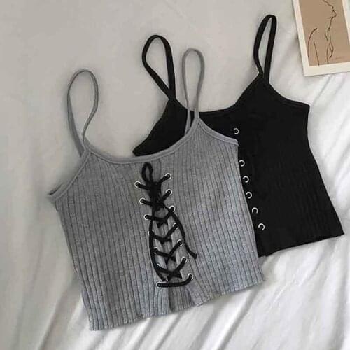 Women Drawstring Sexy Crop Tops Spaghetti Straps Knitting Camisole Female Solid Crop Top Feminino Tops For Women Summer