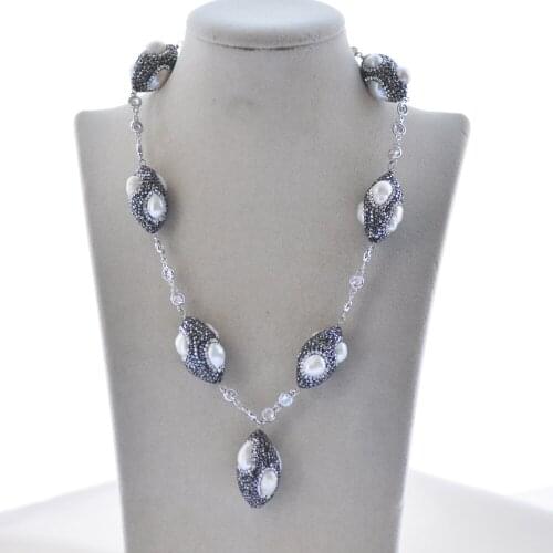 Z10434 20" 32mm Shuttle White Pearl CZ Chain Necklace & Pendant Magnet