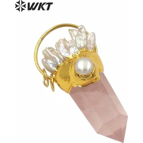 WT-P1587 Cute pink stone necklace pendant pearl charm with gold plated big ring clasp quartz point stone pendant