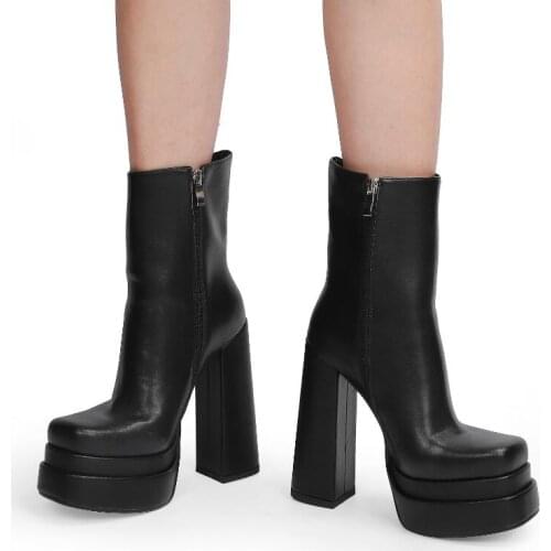 2021 New Natural leather Platform Short Boots Pumps Womens Shoes Thick Heel Zip Autumn Women Boots Black White Big Size 35-43