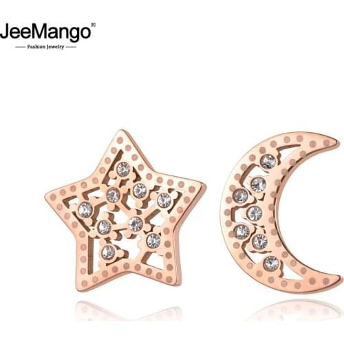 JeeMango Trendy OL Style Stainless Steel CZ Crystal Star Moon Stud Earrings Sparkl Anniversary Earring Jewelry For Women JE19093