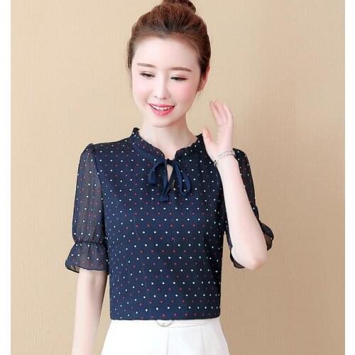 Women Spring Summer Style Chiffon Blouses Shirts Lady Casual Short Lantern Sleeve Polka Dot Printed Blusas Tops DD8822