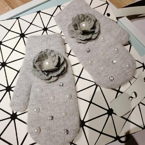 Winter Women Gloves Fingerless White Rabbit Fur Blended Warm Mitten Handmade Pearls Camellia Flower Fashion Ladies Gloves