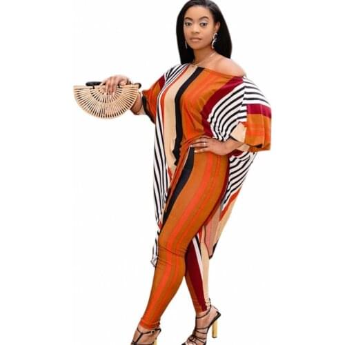 Striped African Clothes Women 2 Piece Set Skew Neck Long Top And Pant Suits Fashion Irregular Casual Streetwear African Clothing