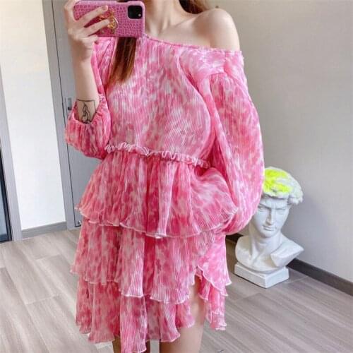 Korean Fashion Pink Flower Printed Chiffon Summer Dress 2021 Elegant Ruffles Draped Mini Dresses for Women