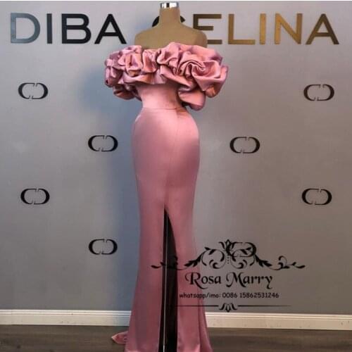 Pink Off Shoulder Formal Evening Dresses for Women 2020 Plus Size Mermaid High Split Ruffles Evening Wear Vestido De Fiesta