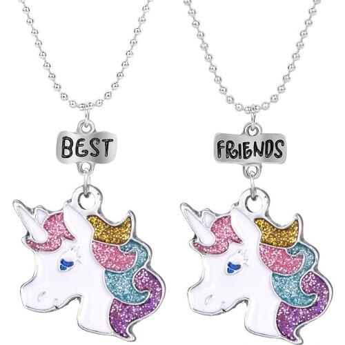 2 Pcs/set Silver Color Unicorn BFF Necklaces for Women Girls Fashion Best Friend Pendant Necklace Choker Jewelry Gifts For Kids