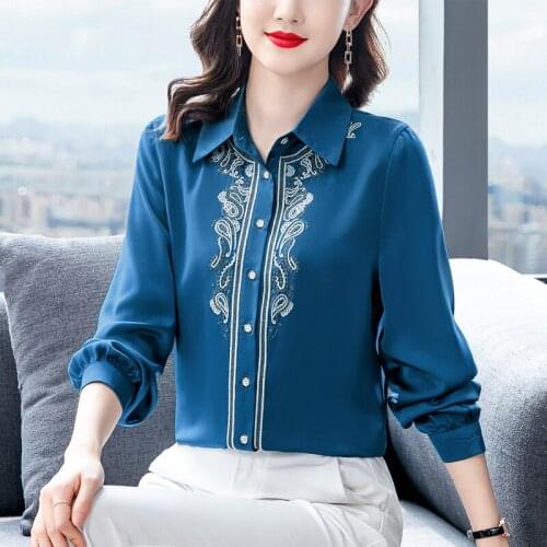 2021 Fashion Autumn Womens Shirts Silk Satin Blouses Embroidered Woman High Quality Clothes Long Sleeve Ladies Top Female Shirt