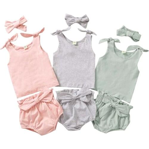 2021 0-3Y Baby Girl Summer Outfits Sleeveless Tie Knot Bandage Tank Top Vest+Bloomers+Headband Set Cute Solid Color 3pcs Set