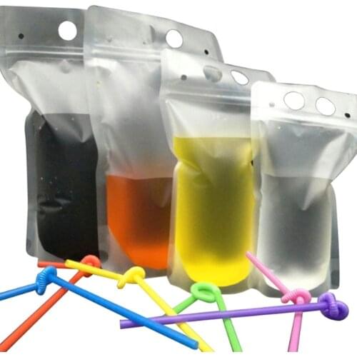 250ml 500ml 750ml 1000ml Clear Drink Pouches Bags frosted Zipper Stand-up Plastic Drinking Bag with straw and holder Reclosable