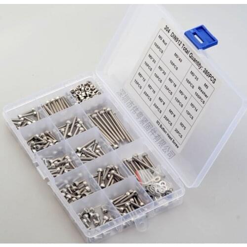 380pcs/Lot M3 304 Stainless Steel Hexagon Socket Head Cap Socket Screws Hex Bolt Nuts and Washers Set