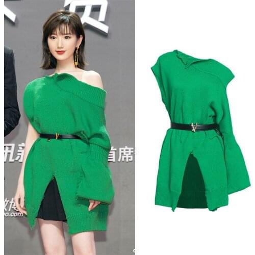 Irregular Loose Long Sweater Women Fall 2020 Damaged One Off Shoulder Front Split Green Pullover Sweater Women Knitwear