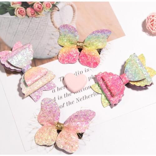 Fairy Butterfly Pastel Hair Bows Clip Sparkly Glitter Leather Hairbow Kid Hairpins Daily School Hairgrips Cute Hair Accessories