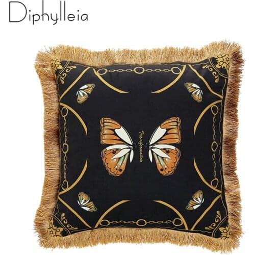 Diphylleia Victoria Style Cushion Cover Gold Black Velvet Butterfly Pattern Luxury Fringed Throw Pillow Case Housewarming Gift