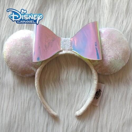 Disney White sequins Mickey Mouse Headband Disneyland Minnie Ears Hard PU Bowknot Headwear Toys Cosplay Party Decoration Gift