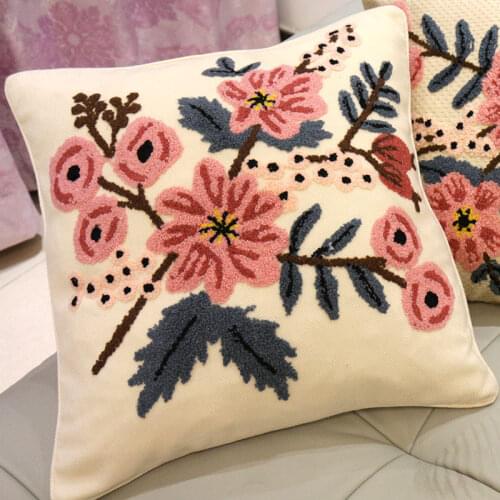 European Embroidered Pastoral Floral Cushion Cover Flower American Rural Style Cotton Chair Sofa Bedroom Home Decor Zip Open
