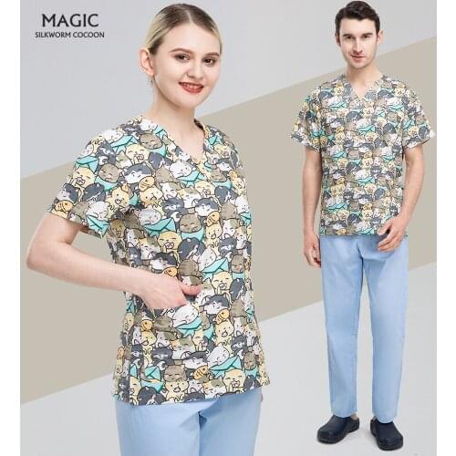 Cotton Print Scrub Shirt Beauty Salon Work Uniform Lab Pet Shop Scrubs Tops Health Dental Hospital Medical Doctor Worker Clothes