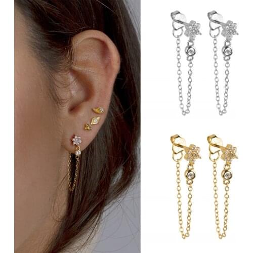 ISUEVA Brilliant Silver Gold Filled Tassel Piercing Ear Cubic Zircon Flower Chain Stud Earrings For Women Gift Fashion Jewelry