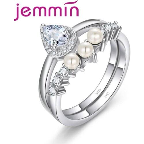 Beautiful Minimalist 925 Sterling Silver Ring Set Pave Pearls White Color Inlay Cubic Zirconia Unique Shaped Ring