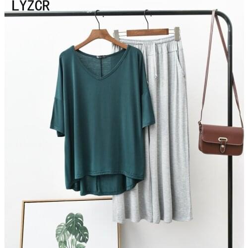 Oversized Summer T Shirts Womens Modal Pants Loose Two Piece Set Women High Waist Wide Pants Modal T-shirt Set Woman 2 Pieces