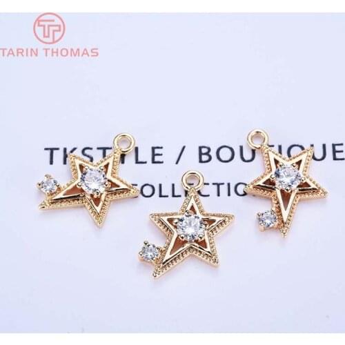 6PCS 14MM 24K Gold Color Plated Brass with Zircon Star Charms Pendants High Quality Diy Jewelry Accessories